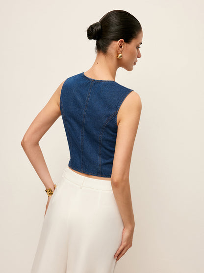 Cotton Square Neck Button Detail Denim Top