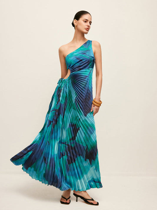 Side Cut-Out One-Shoulder Pleated Dress