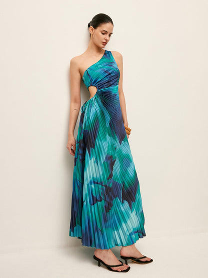Side Cut-Out One-Shoulder Pleated Dress