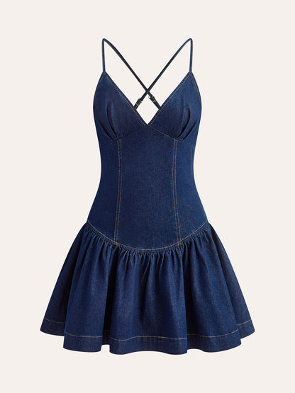 Cross-Back Denim Flared Dress