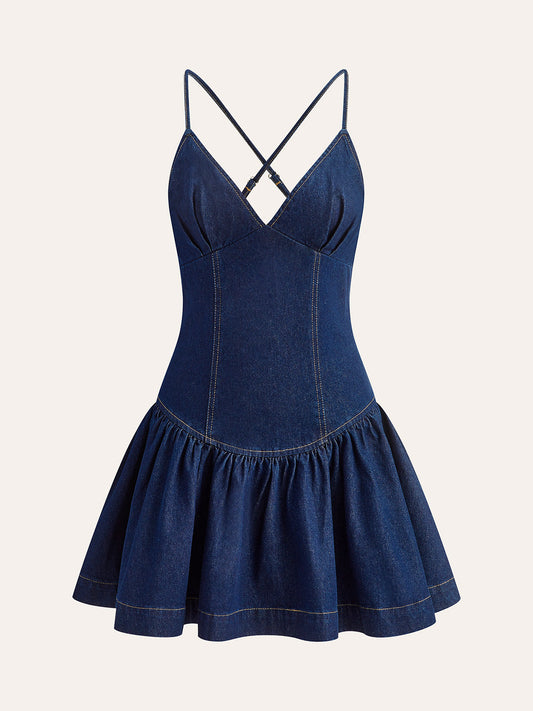 Cross-Back Denim Flared Dress