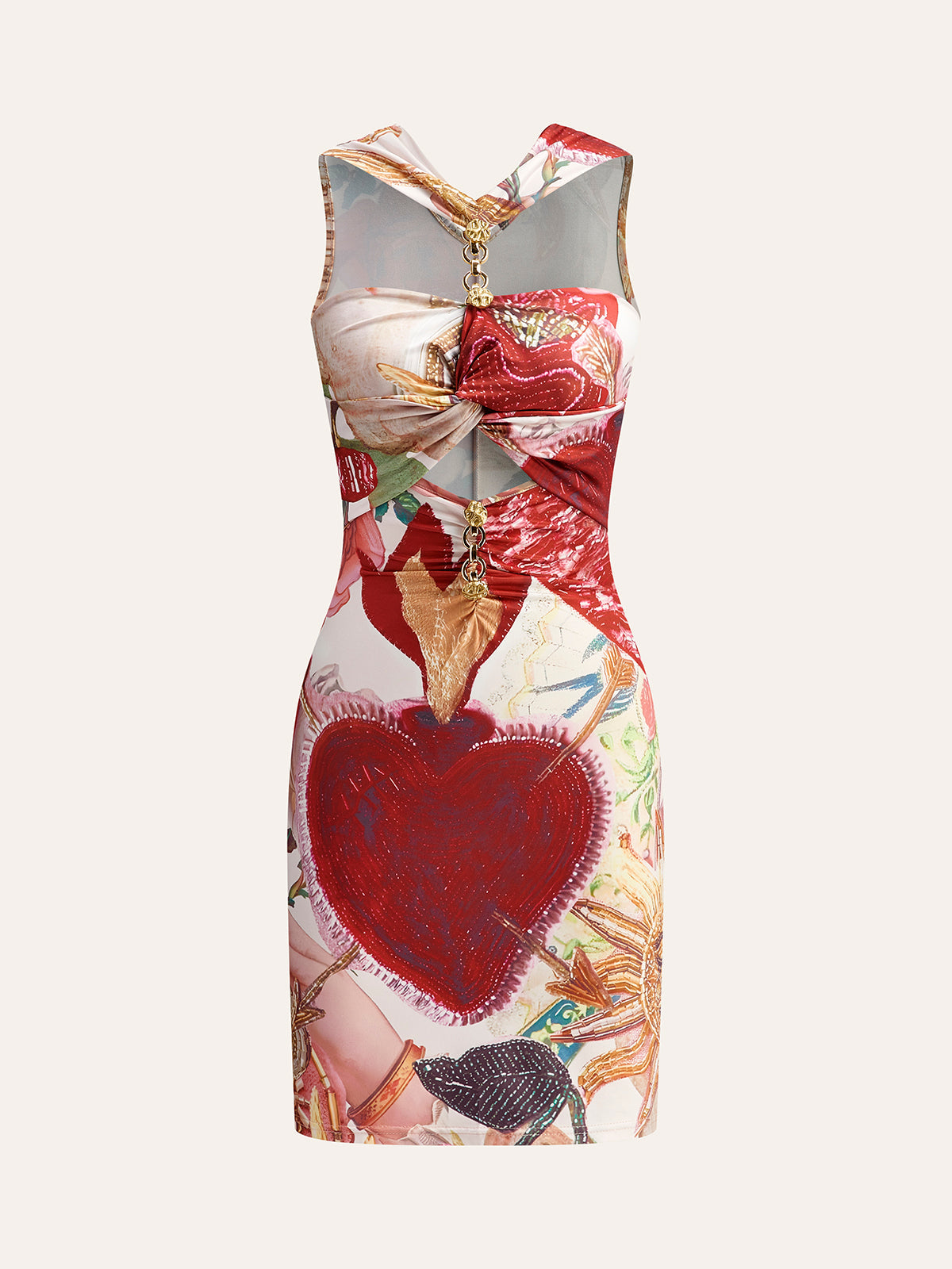 Knot-Front Printed Dress With Chain Detail