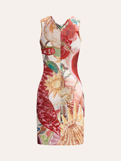 Knot-Front Printed Dress With Chain Detail