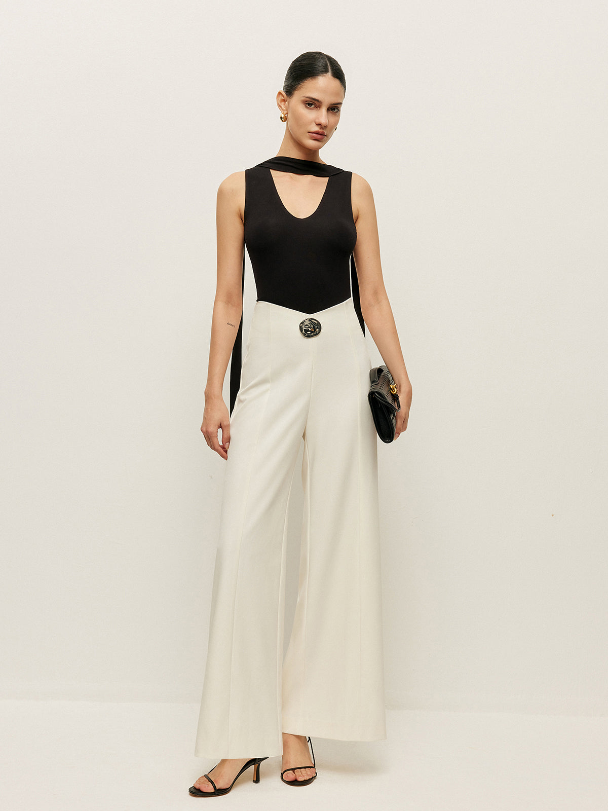 High-Waist Wide Leg Pants With Buckle Detail
