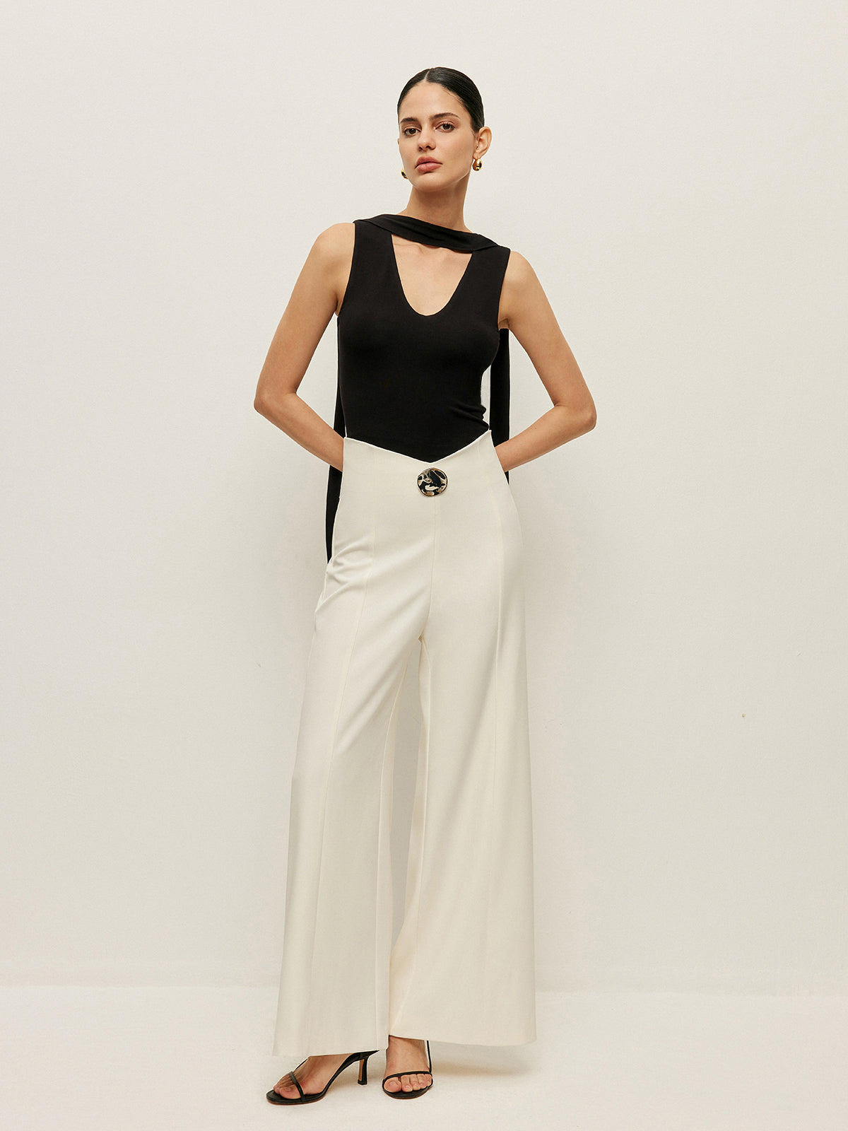 High-Waist Wide Leg Pants With Buckle Detail