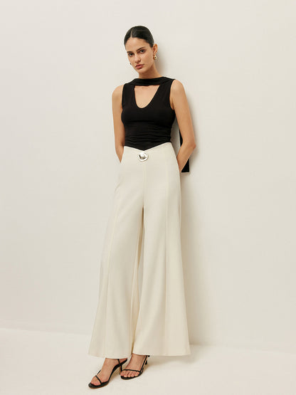 High-Waist Wide Leg Pants With Buckle Detail