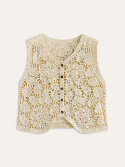 Floral Crochet Button Detail Vest