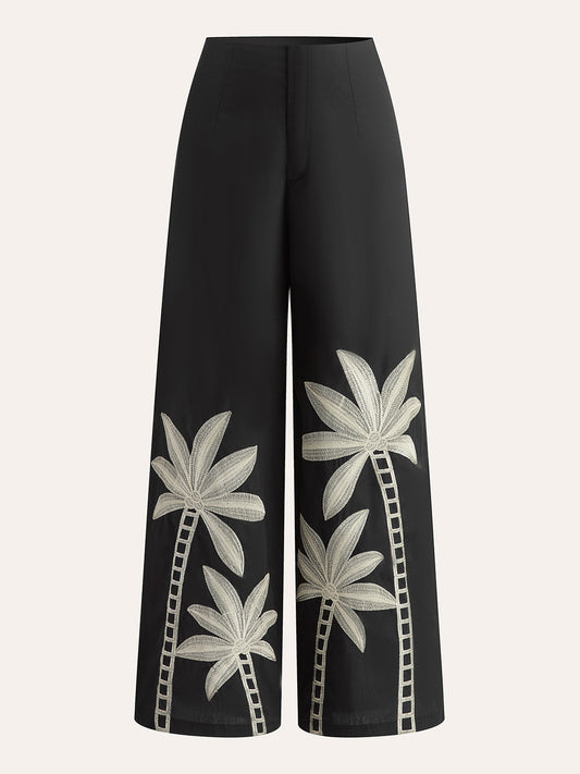 Embroidered High-Waist Wide-Leg Pants