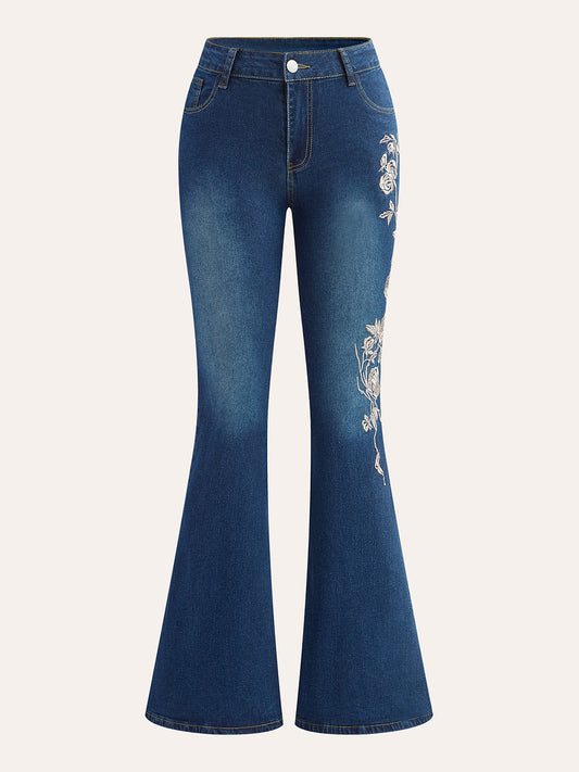 Mid-Waist Embroidered Flared Jeans