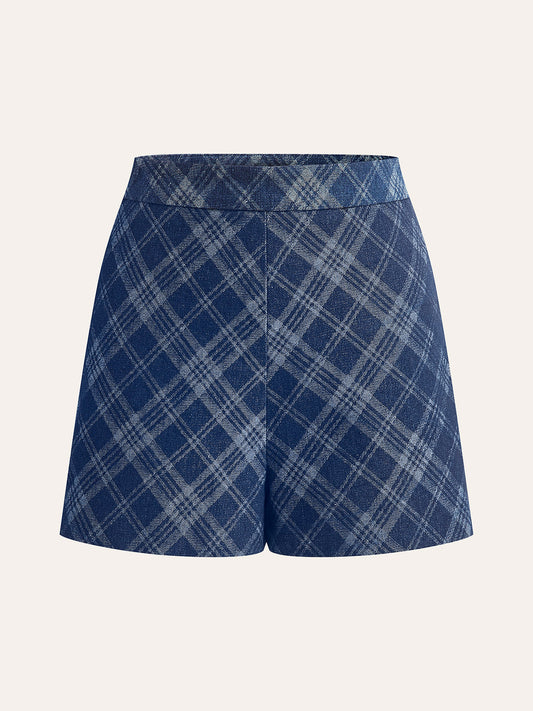 Checkered Print Mid-Waist Denim Short