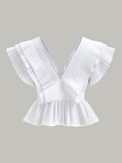 Pleated V-Neck Button-Detail Top