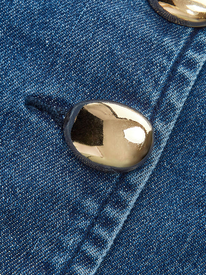 Metal Button Tie-Back Denim V-Neck Shorts Set