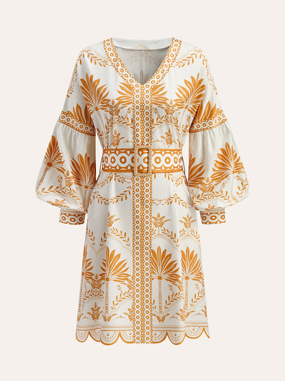 Boho Print V-Neck Belted Dress