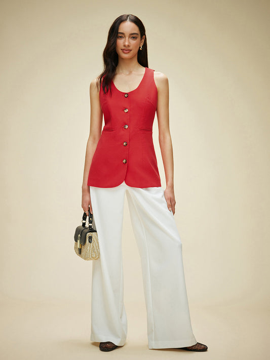 Cotton & Linen Pockets Buttoned Vest