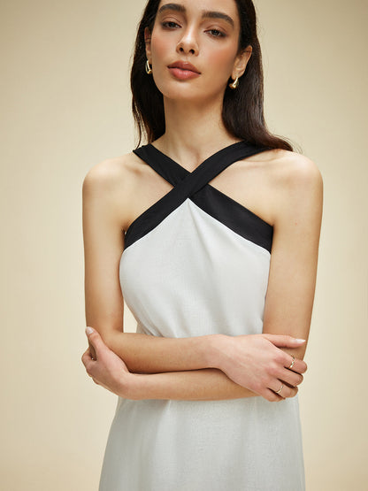 Semi-Sheer Cotton & Linen Backless Halter Dress