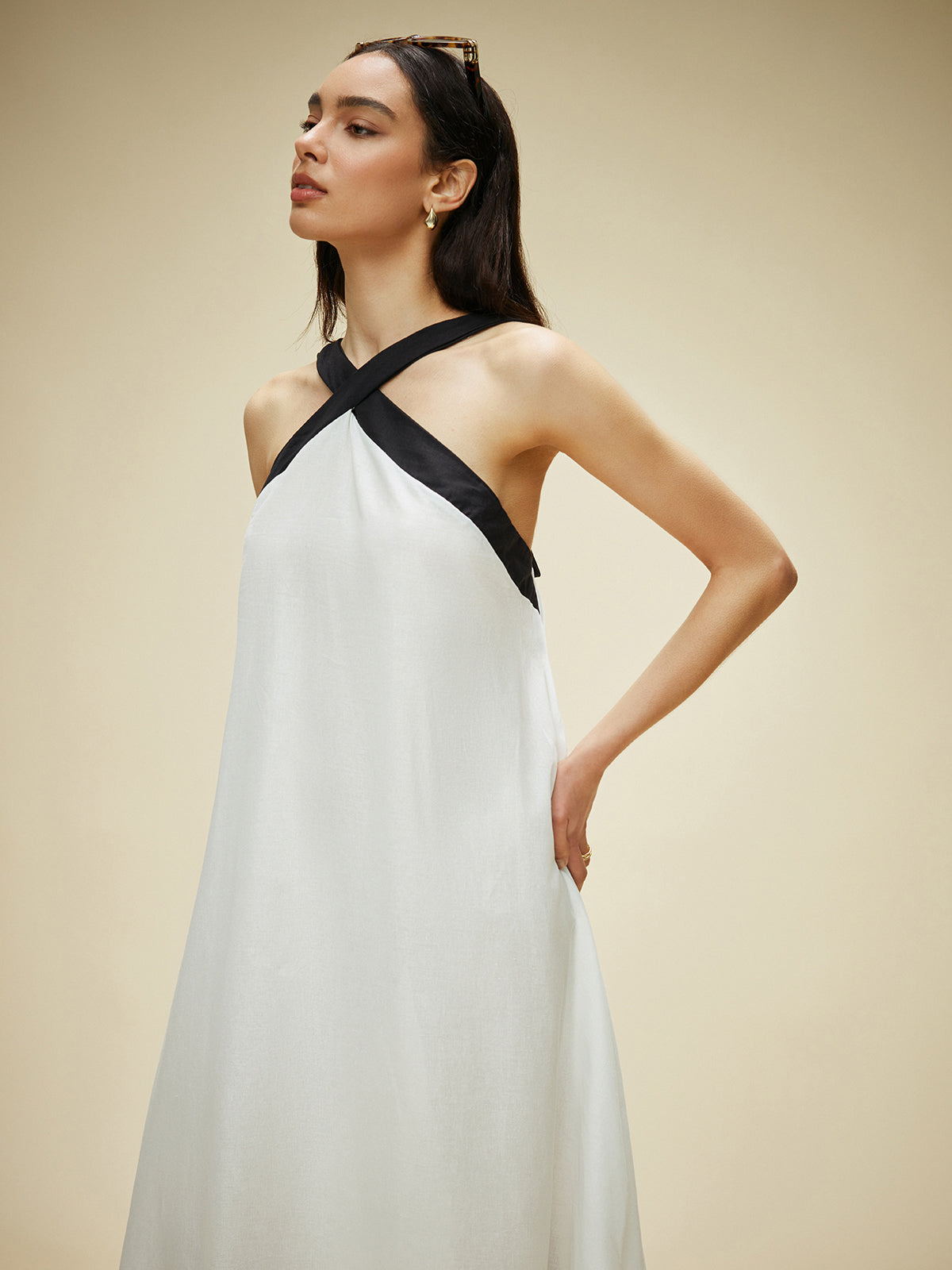 Semi-Sheer Cotton & Linen Backless Halter Dress