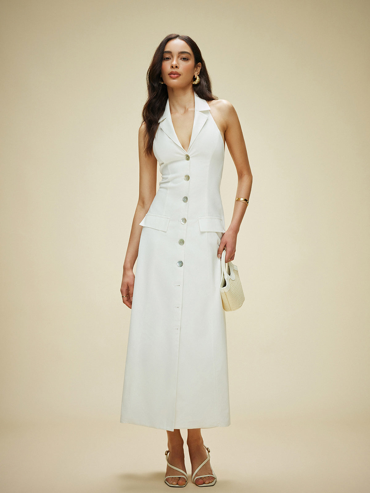 Cotton & Linen Pocket-Detail Halter Neck Tie-Back Dress