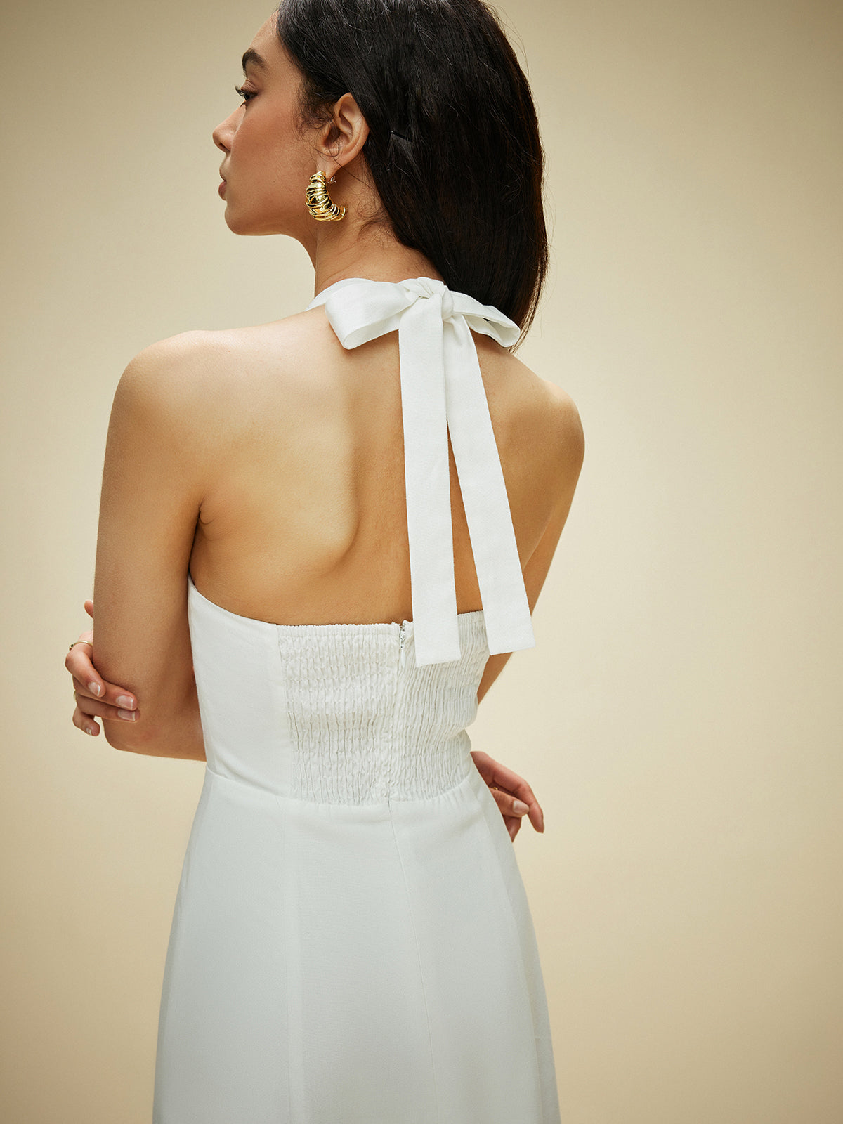 Cotton & Linen Halter Neck Bow Tie Dress