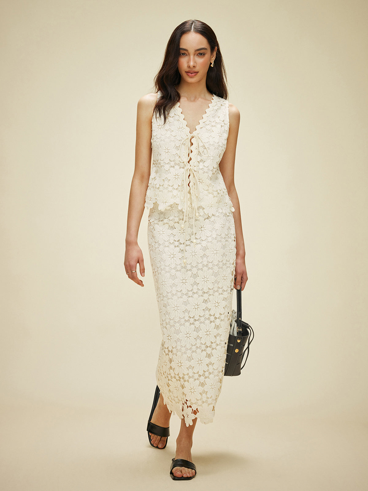 Lace Tied Front Top With Skirt Set