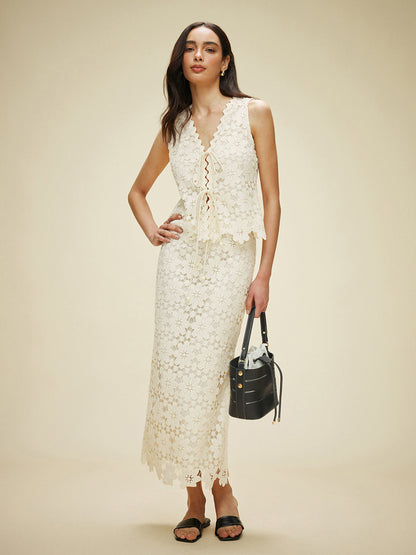 Lace Tied Front Top With Skirt Set