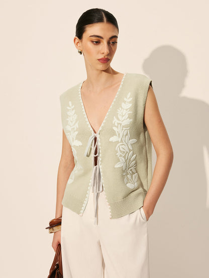 Embroidery Bow Floral Sweater Vest
