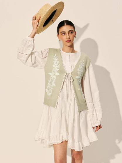 Embroidery Bow Floral Sweater Vest