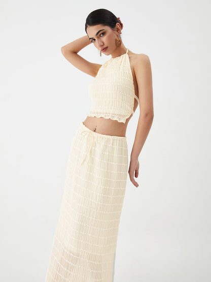 Backless Halter Top With Pleated Maxi Skirt Set