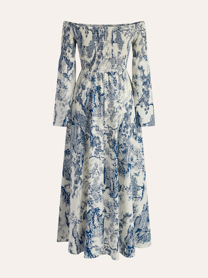 Print Off-Shoulder Smocked Sleeve Dress