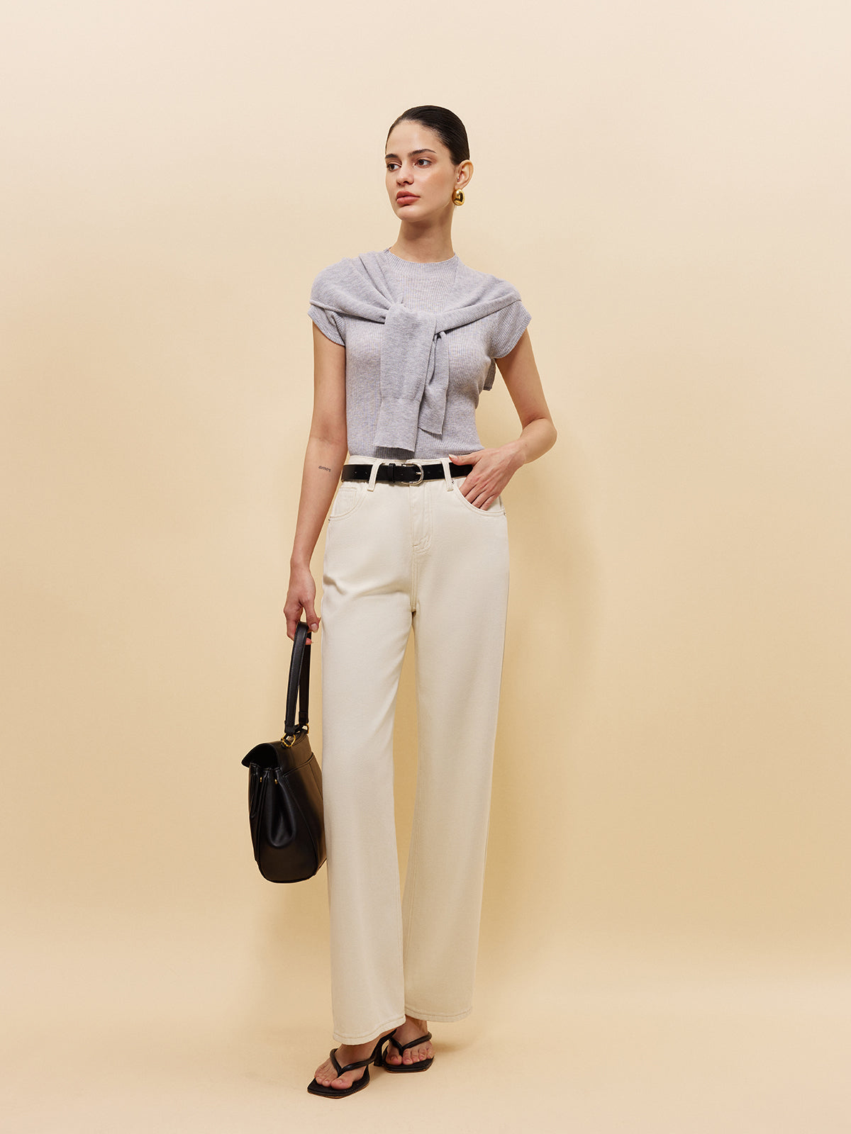 Ribbed Knit Top With Tied Shawl Detail