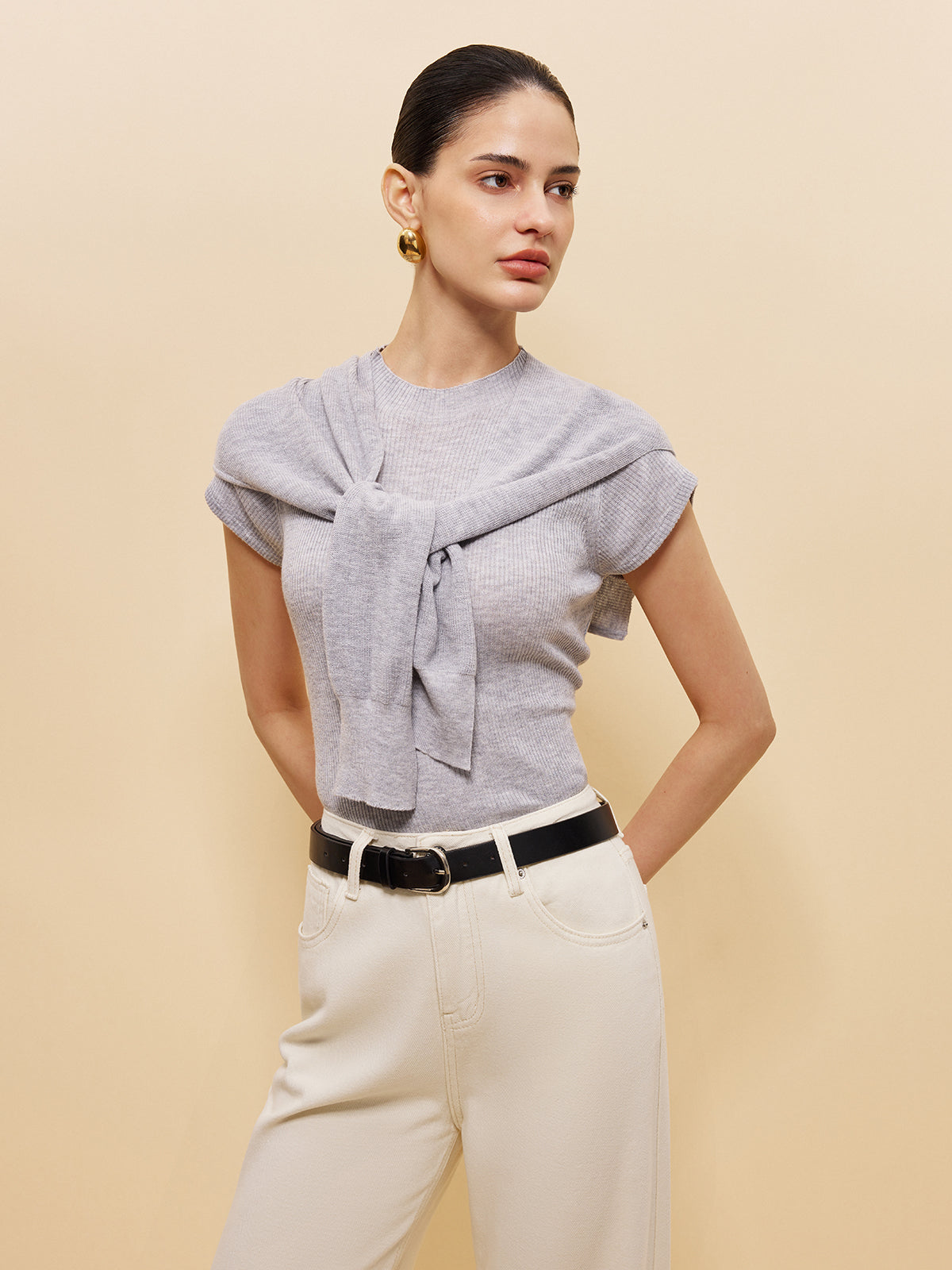 Ribbed Knit Top With Tied Shawl Detail