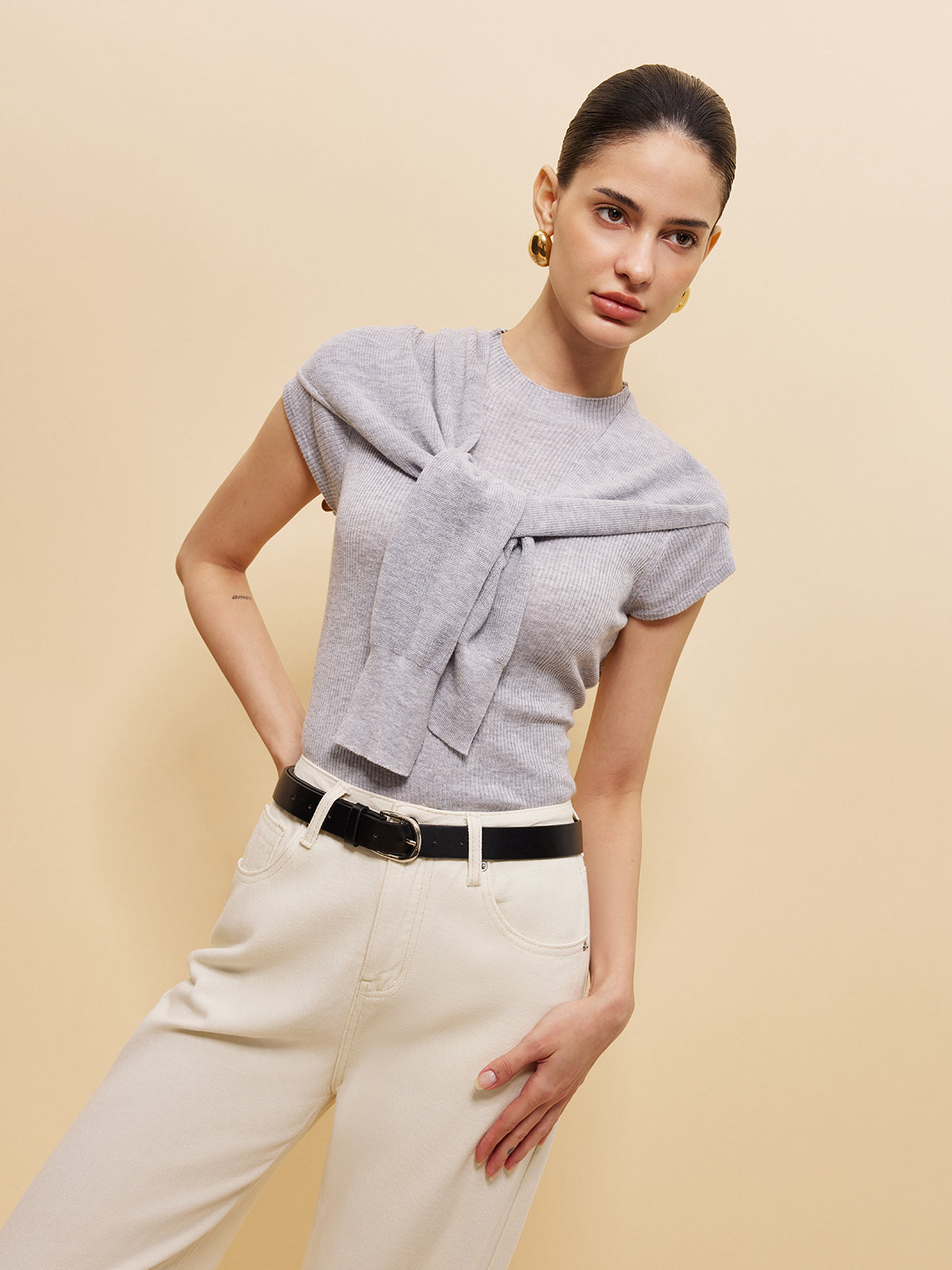 Ribbed Knit Top With Tied Shawl Detail