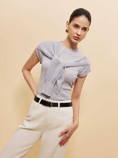 Ribbed Knit Top With Tied Shawl Detail