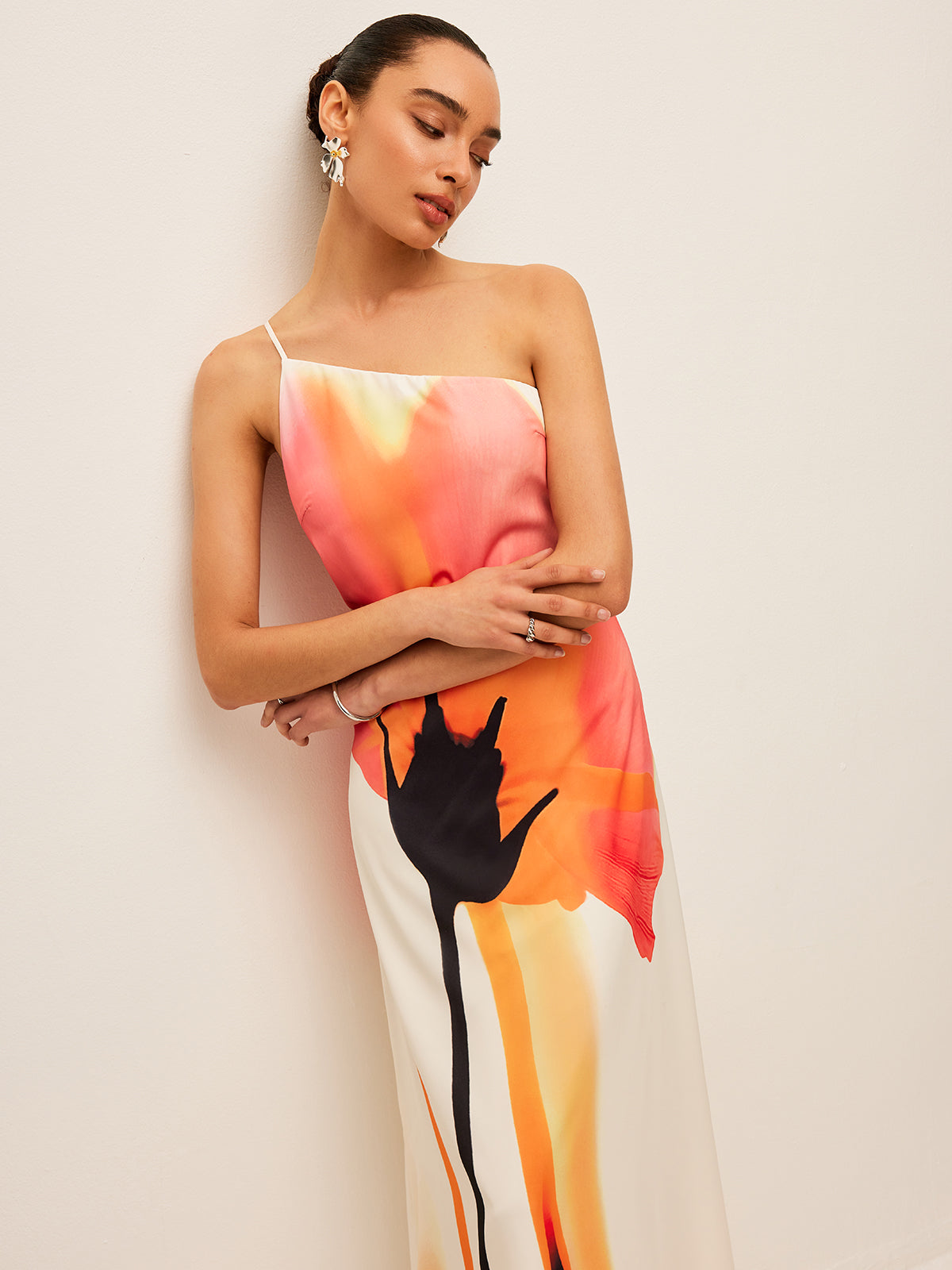 Asymmetrical Floral Print Tied Back Dress