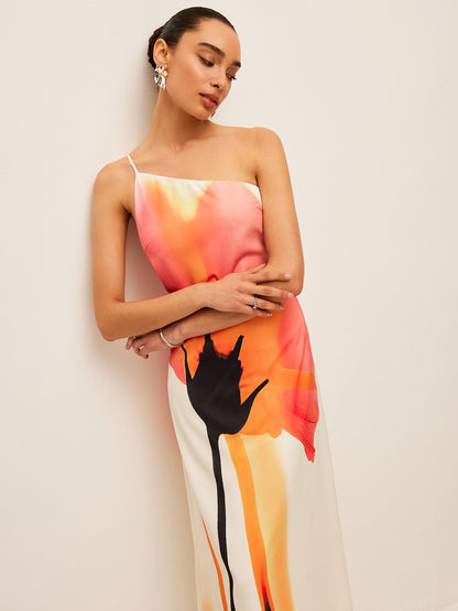 Asymmetrical Floral Print Tied Back Dress