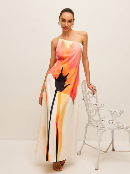 Asymmetrical Floral Print Tied Back Dress