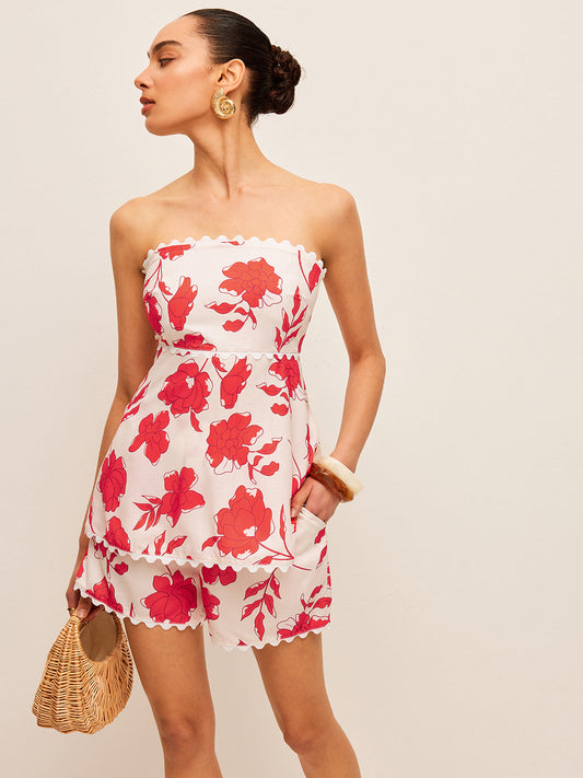 Floral Strapless Top With Pockets Shorts Set
