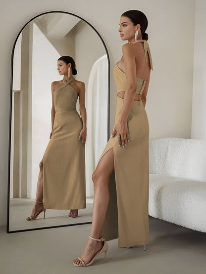 Crisscross Cutout Halter Split Knit  Long Dress