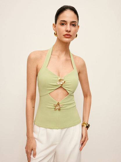 Cut-Out Metal-Detail Halter Top