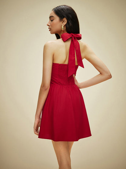 Cotton & Linen Halter Neck Button-Front Dress