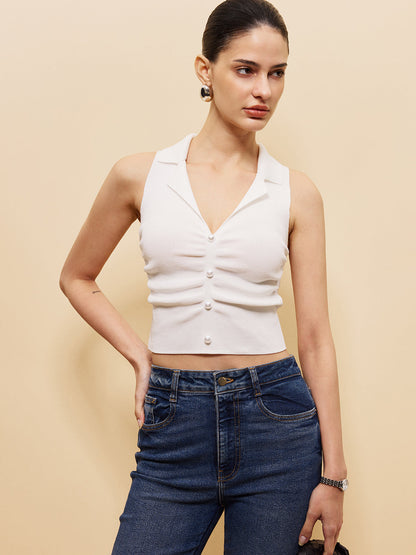 Sleeveless Button-Front Crop Sweater Vest