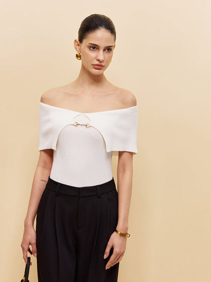 Off-Shoulder Chain Detail Ribbed Knit Top