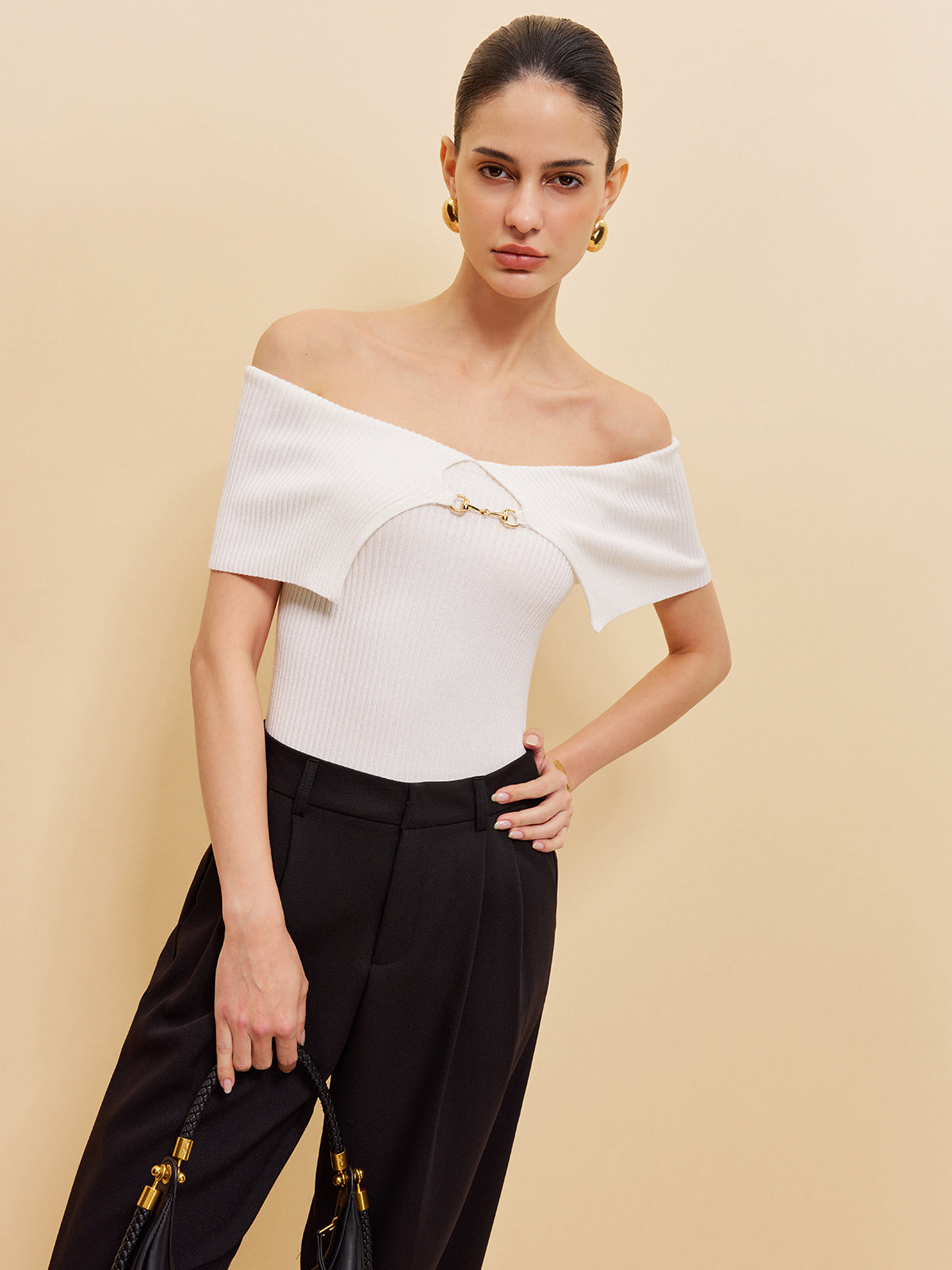 Off-Shoulder Chain Detail Ribbed Knit Top