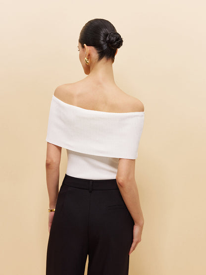 Off-Shoulder Chain Detail Ribbed Knit Top