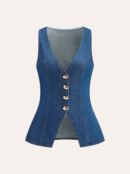 Metal Button Tie-Back Denim V-Neck Shorts Set