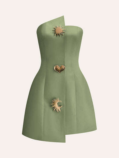 Satin Asymmetrical Buttoned Strapless Dress