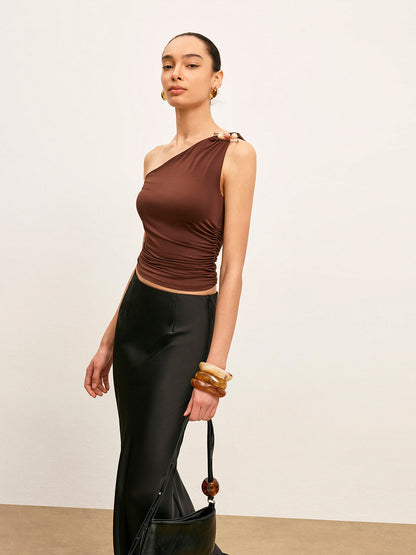 One-Shoulder Metal Detail Ruched Top