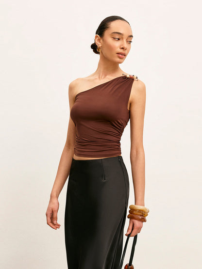 One-Shoulder Metal Detail Ruched Top