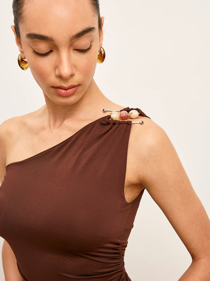 One-Shoulder Metal Detail Ruched Top