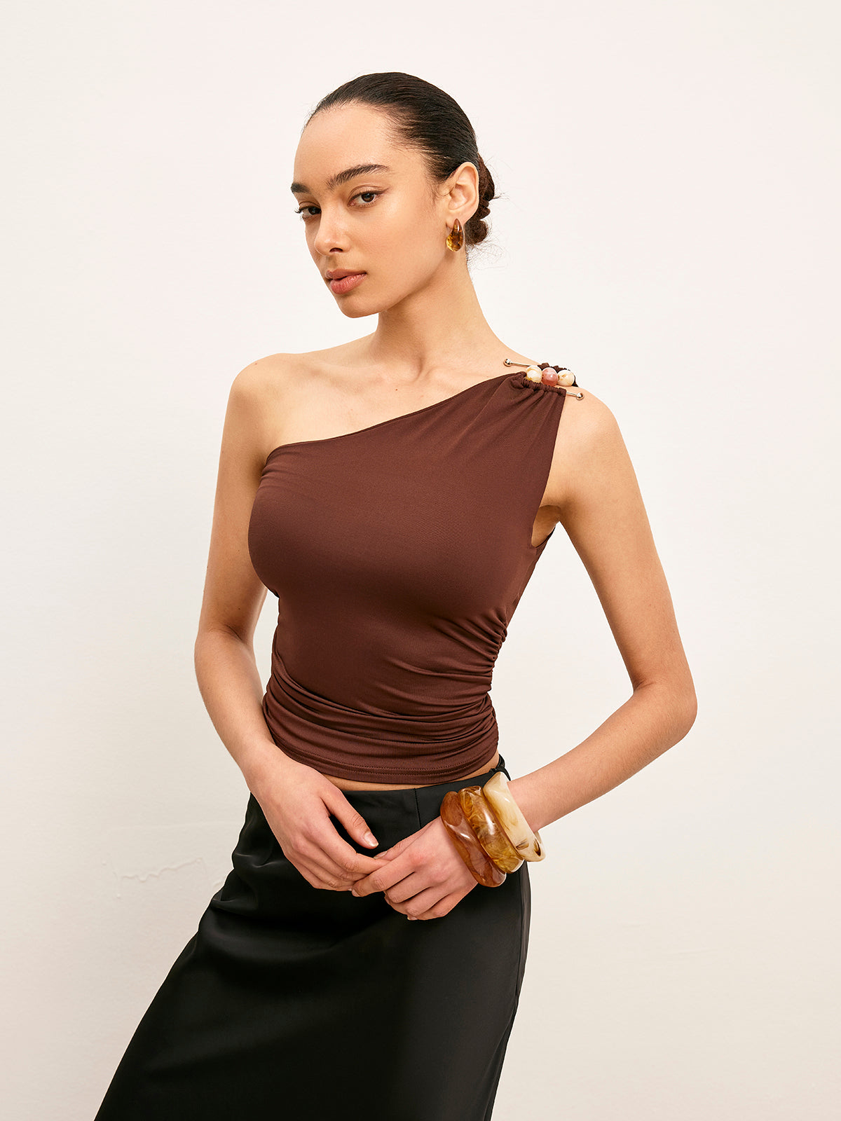 One-Shoulder Metal Detail Ruched Top