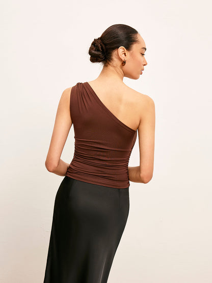 One-Shoulder Metal Detail Ruched Top